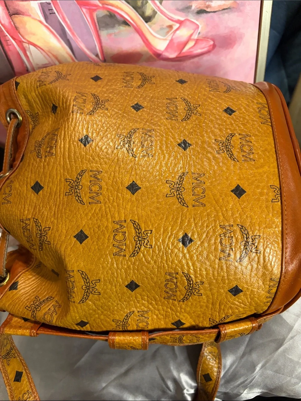 MCM Cognac Visetos Monogram Drawstring Crossbody Bucket Bag - Picture 4 of 7